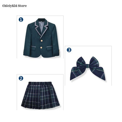 Boys Green Blazers Pants School Uniform Girls Jacket Skirt Shirt Tie Suits Kids Formal Dress Tuxedo Children Student Clothes Set