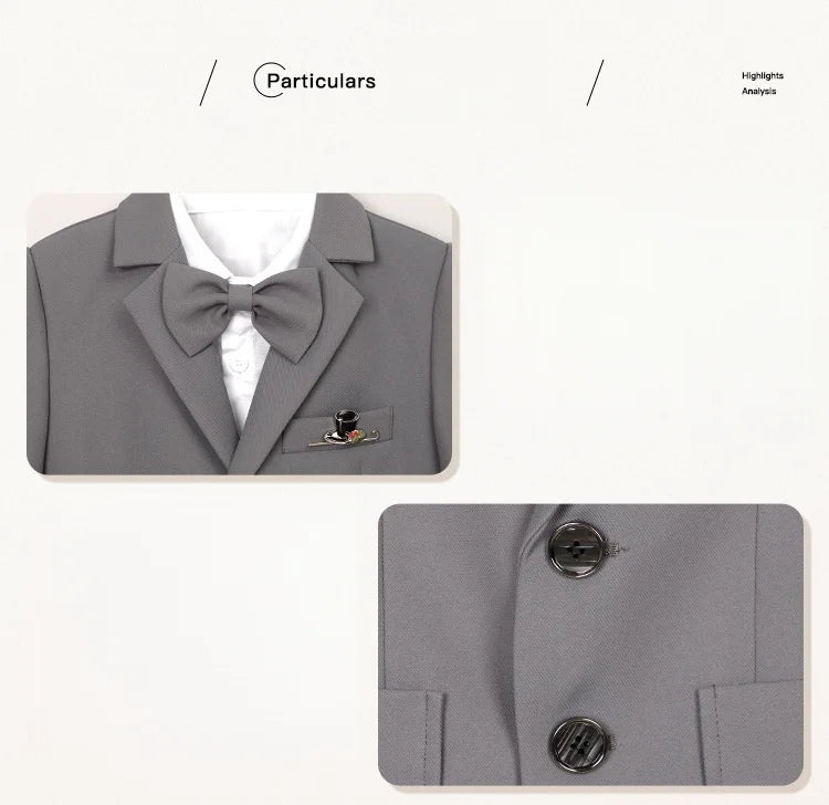 Kids Gray Jacket Vest Pants Bowtie Brooch 5Pieces Performance Costume Boys Formal Wedding Birthday Baptism Blazer Suit