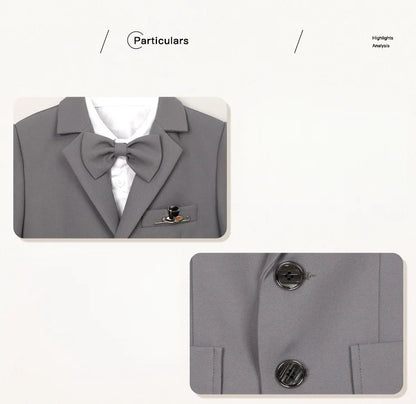 Kids Gray Jacket Vest Pants Bowtie Brooch 5Pieces Performance Costume Boys Formal Wedding Birthday Baptism Blazer Suit