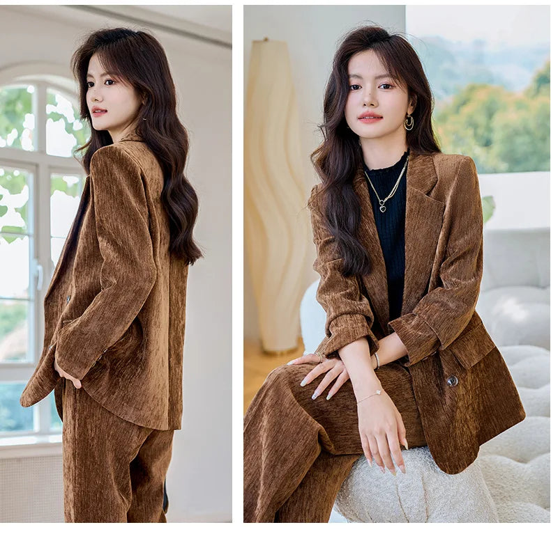 Pleuche Women Suits Office Sets 2024 Autumn New Fashion Notched Double Breasted Blazers Vintage Casual Wide Leg Pants Suits