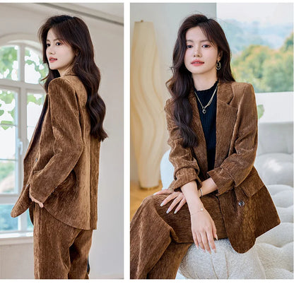 Pleuche Women Suits Office Sets 2024 Autumn New Fashion Notched Double Breasted Blazers Vintage Casual Wide Leg Pants Suits