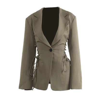 Spring Autumn New Women Blazer Notched Collar Single Button Lace-Up Waist Cinching Slim Fit Elegant Fashion Jackets HK13264