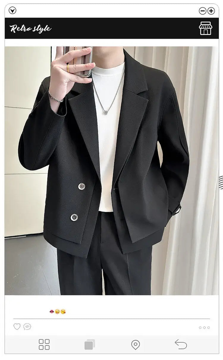 2025 Spring New Fake Two Piece Suit Collar Jacket Men Korean Trend Casual Business Blazers Loose Street Wear Social Jacket