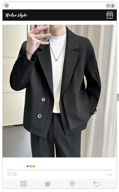 2025 Spring New Fake Two Piece Suit Collar Jacket Men Korean Trend Casual Business Blazers Loose Street Wear Social Jacket