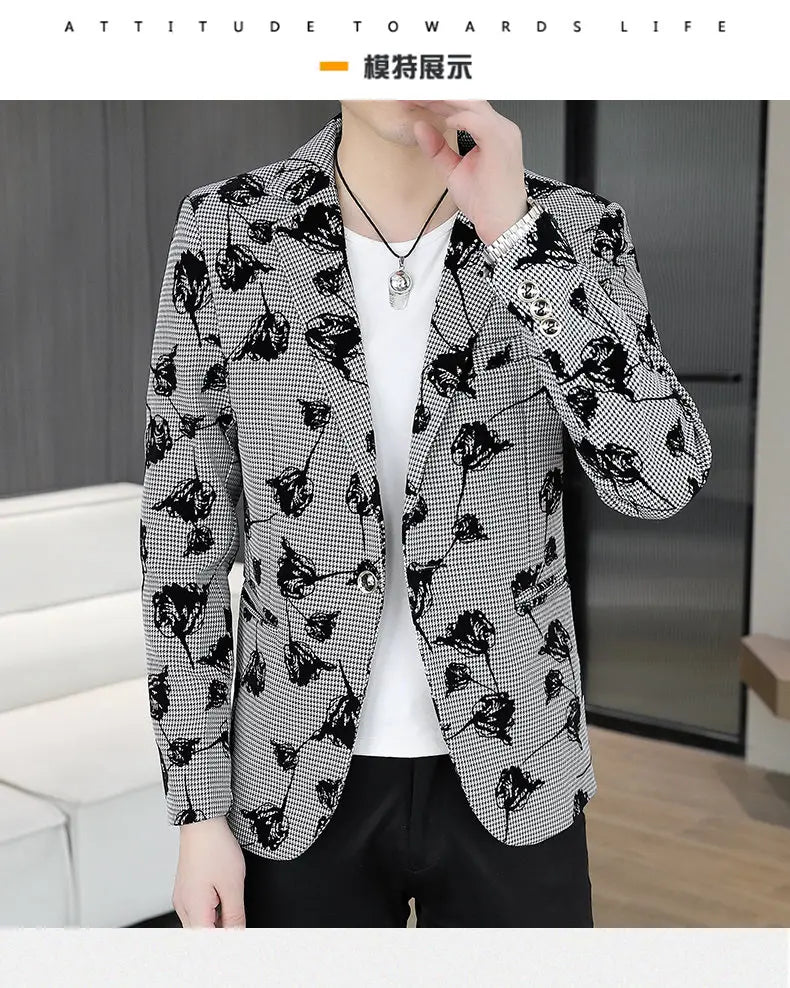 Blazer: Outdoor Fashion Business Gentleman Print Wedding Host Campus Slim-fit Casual Korean-style Youthful Versatile Men Blazer