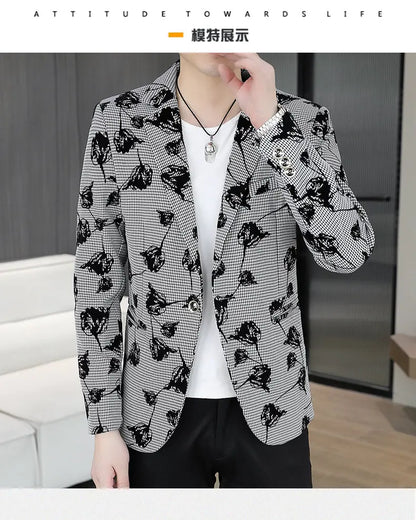 Blazer: Outdoor Fashion Business Gentleman Print Wedding Host Campus Slim-fit Casual Korean-style Youthful Versatile Men Blazer