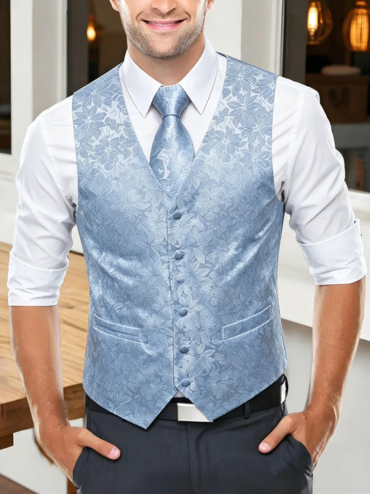 Men's Jacquard Paisley Floral Suit Vest with Tie & Pocket Square for Wedding & Party