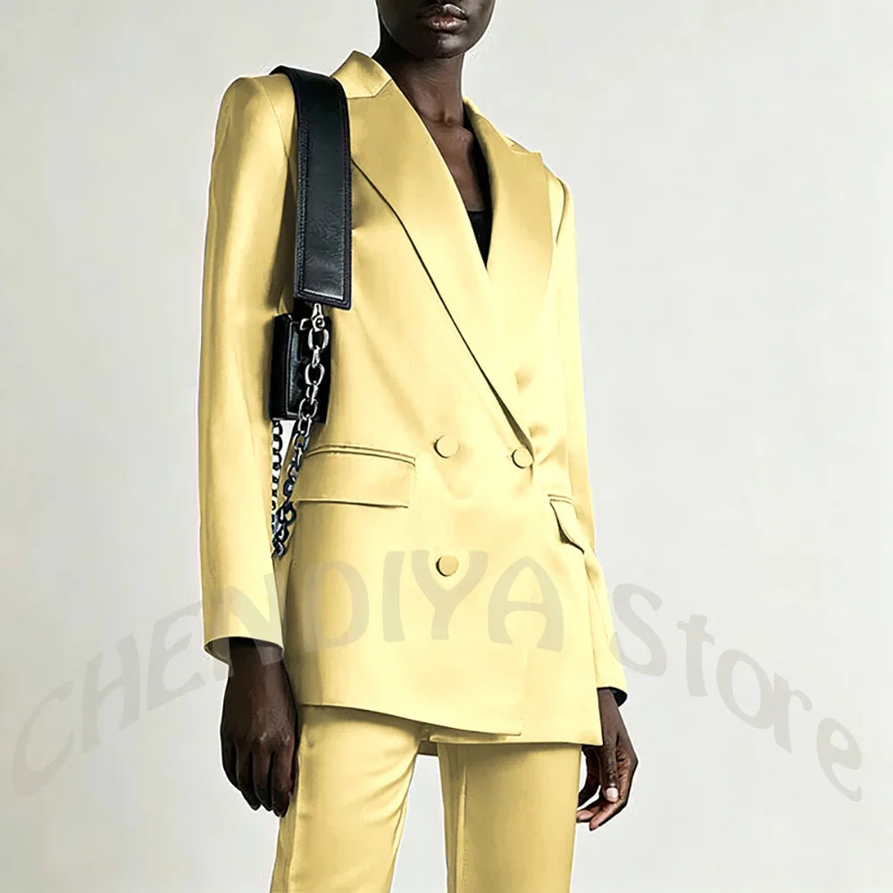 Tailored Business Attire Women Suit Elegant Satin Pink Peaked Lapel Slim Double Breastde Outfit Two Piece Office Work Female Set