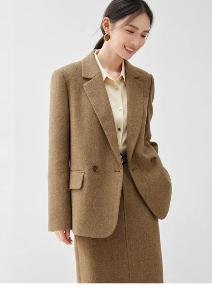 Wool Blend Tailored Blazer Coat Women Winter Straight Jacket 2026 England Style Fashion Female Outerwear 144X57016
