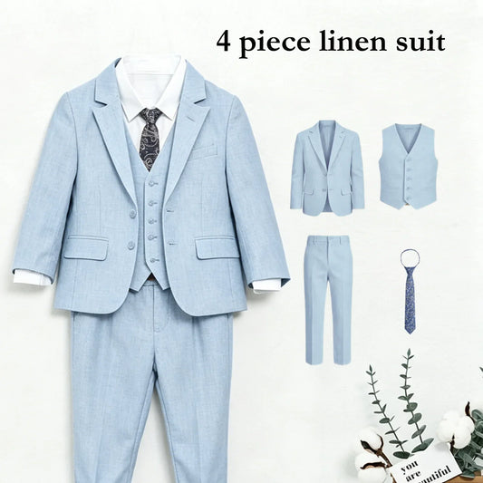 Boys 4-Piece Slim Fit Formal Suit Set | Blazer, Vest, Pants & Tie | Solid Wedding & Occasion Suit for Kids