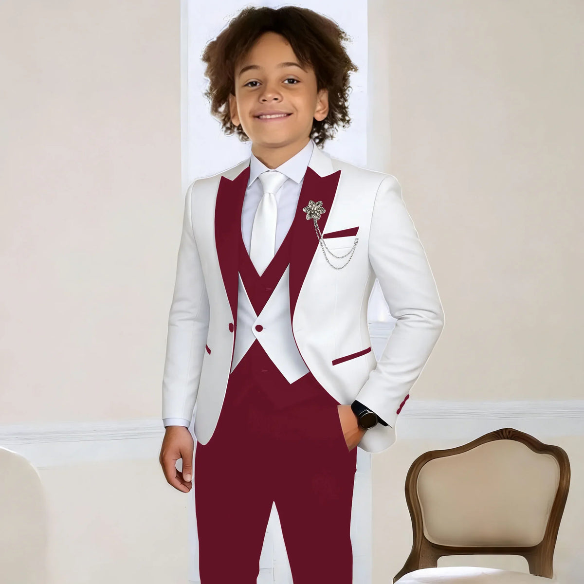 White Suit for Boys Fashion Formal Flower Boys Wedding Tuxedos 3-Piece Set (Jacket Pants Vest) Party Slim Fit Suit Kids Clothes