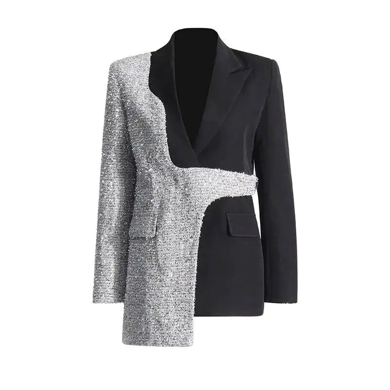 2026 Spring Autumn New Women Blazer Color Block Patchwork Asymmetrical Temperament Office Lady High-end Trend Jacket HK3107