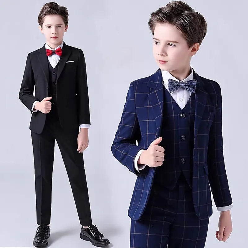Boys Jacket Vest Pants Bowtie Tie 5Piece Wedding Birthday Party Photography Suit Set Kids Piano Ceremony Performance Costume