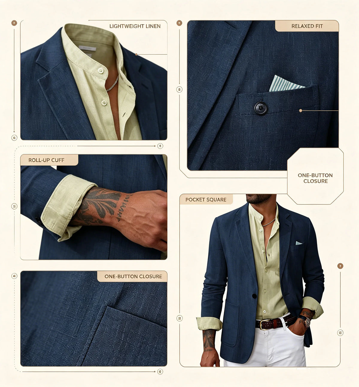 Men's Cotton Linen Blazer Solid Slim Fit Breathable Lightweight Casual Sport Coat One Button Lapel Suit Jacket for Daily Summer