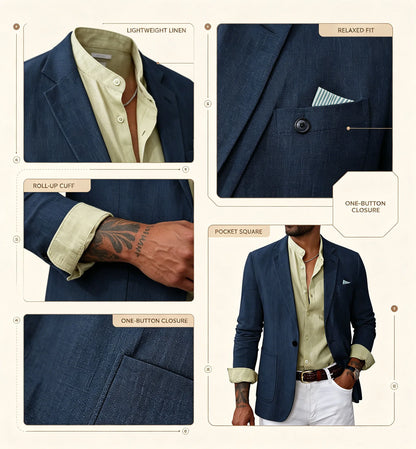 Men's Cotton Linen Blazer Solid Slim Fit Breathable Lightweight Casual Sport Coat One Button Lapel Suit Jacket for Daily Summer