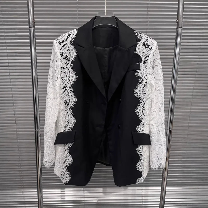Women Chic Blazer Lace Patchwork Color Block Notched Collar Double Breasted Elegant Trendy Jacker New Spring Autumn HK20168