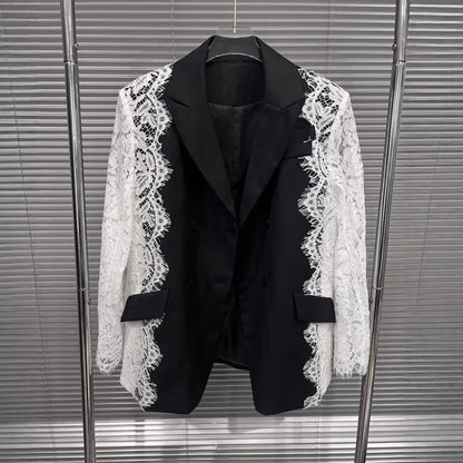 Women Chic Blazer Lace Patchwork Color Block Notched Collar Double Breasted Elegant Trendy Jacker New Spring Autumn HK20168