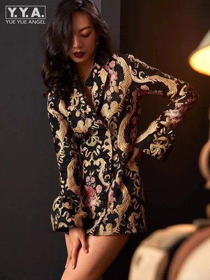 Vintage Women Slim Fit Single Breasted Floral Jacquard Long Blazer Jacket Stage Show Suit Coat Autumn New OL Party Outwear Coat