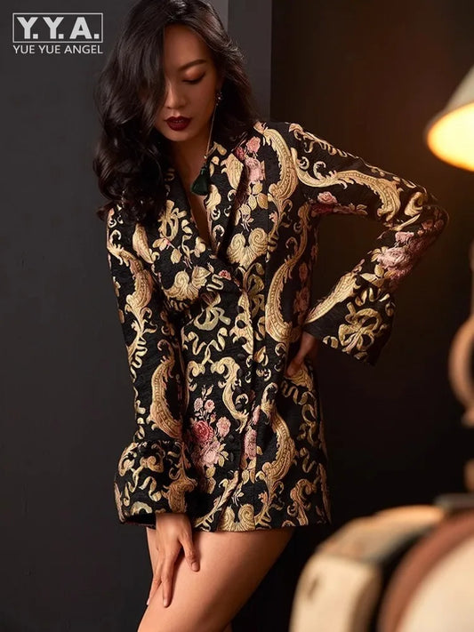 Vintage Women Slim Fit Single Breasted Floral Jacquard Long Blazer Jacket Stage Show Suit Coat Autumn New OL Party Outwear Coat