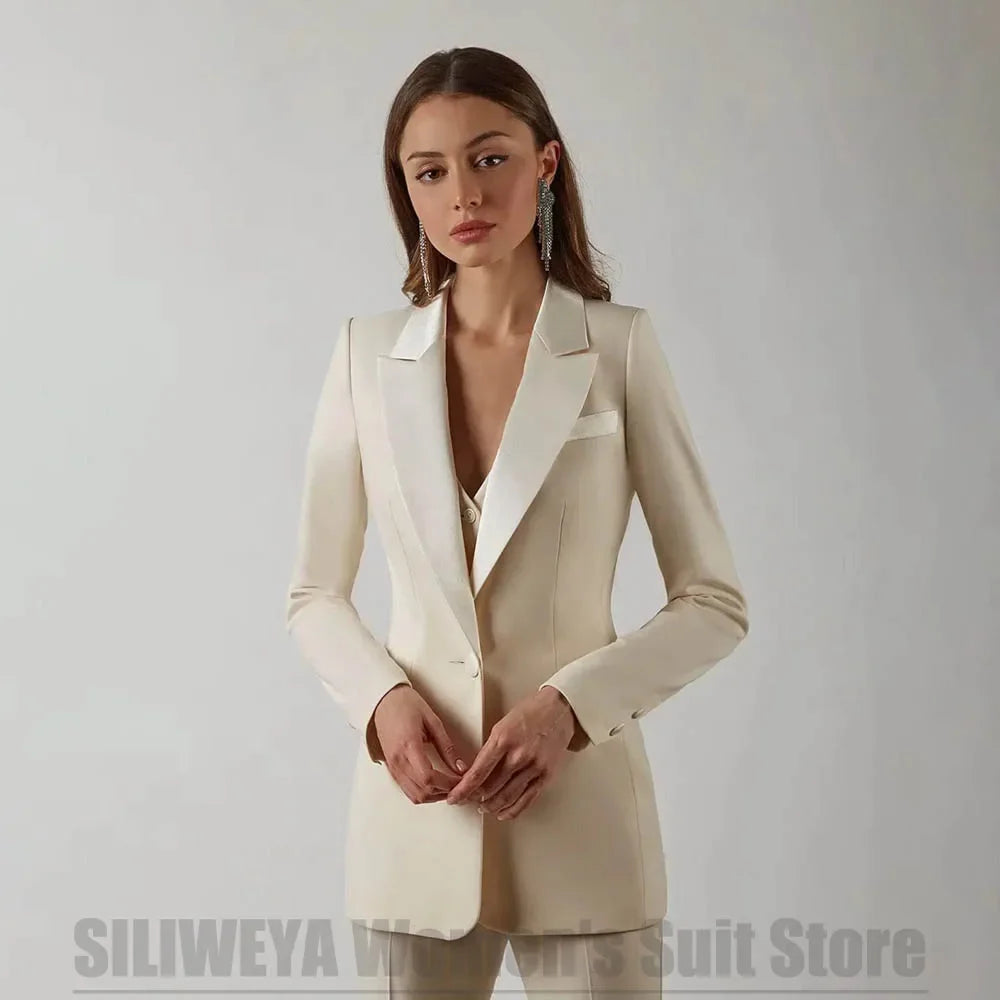 Fashion Women's Suit Set Satin Peak Lapel One Button Formal Outfit Wedding Party Prom Tuxedo 3 Piece (Blazer+Vest+Pants)