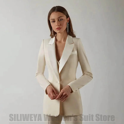 Fashion Women's Suit Set Satin Peak Lapel One Button Formal Outfit Wedding Party Prom Tuxedo 3 Piece (Blazer+Vest+Pants)