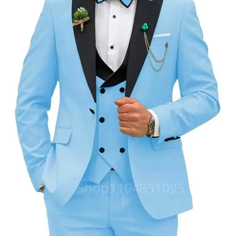 3 Pieces Men's Wedding Suits Formal Groom Tuxedo Slim Fit Business Casual Double Breasted Blazer Vest Pants Set for Party