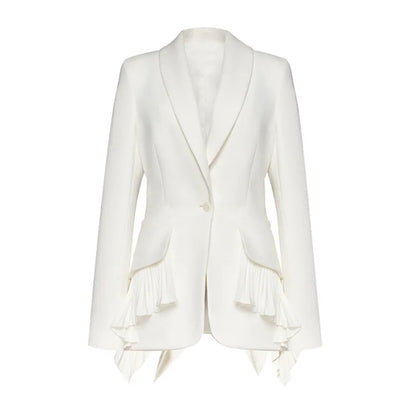 Women Blazer Elegant Turn-down Collar Single Button Patchwork Pleated Hem Slim Fit High-end Chic Coat Spring Autumn HK22596