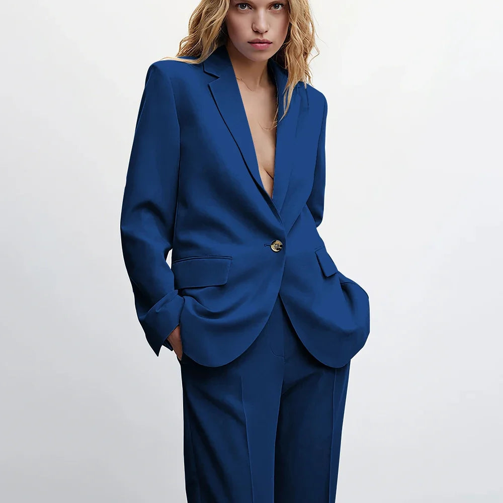 Graceful Blue Notch Lapel Suits For Women Casual Single Breasted 2 Piece Daily Interview Business Speech Outfits Jacket Pants