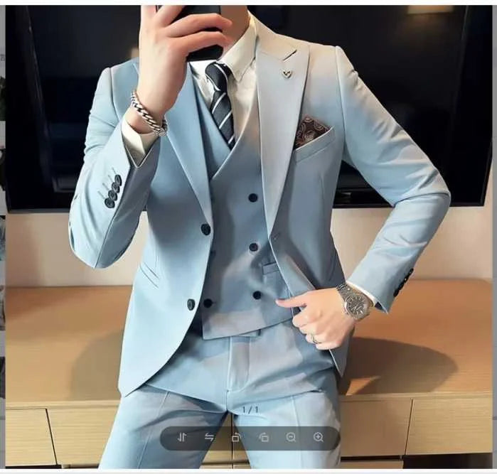 Men's 3-Piece Slim Fit Suit – Single-Breasted Blazer, Vest & Trousers in Blue for Banquets & Weddings