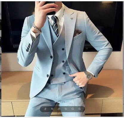Men's 3-Piece Slim Fit Suit – Single-Breasted Blazer, Vest & Trousers in Blue for Banquets & Weddings