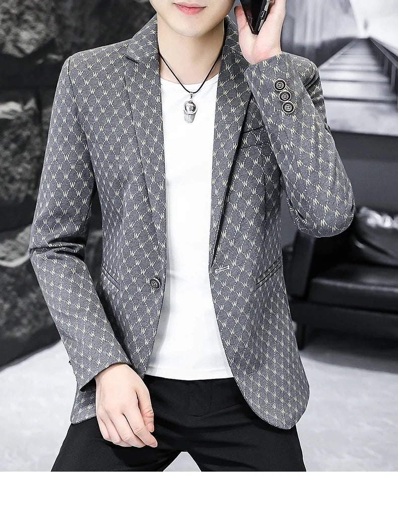 Korean Letter Print Men Blazers Brand 2024 Spring Casual Business Suit Jackets Slim Fit Street Wear Social Jacket Men Clothing