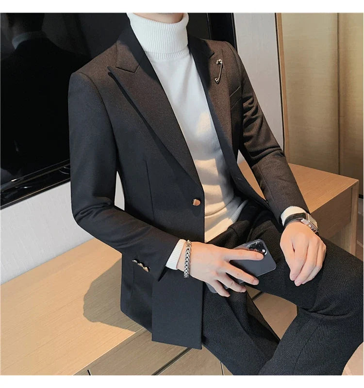 Autumn Pin Decoration Men Blazers Casual Suit Jacket Single Breasted Streetwear Social Business Dress Coat Wedding Groom Jacket