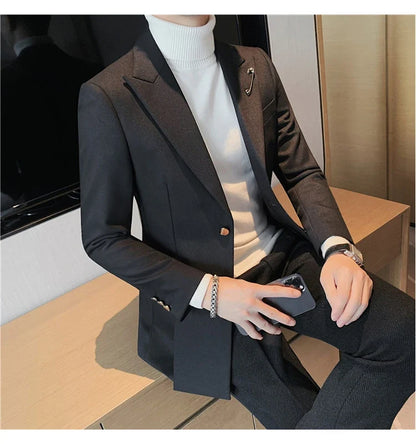 Autumn Pin Decoration Men Blazers Casual Suit Jacket Single Breasted Streetwear Social Business Dress Coat Wedding Groom Jacket