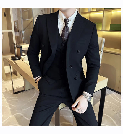 Men's Double Breasted Suit Set – Slim Fit Blazer, Vest & Pants for Wedding & Business