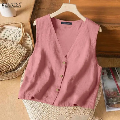 Woman Breathable Cotton Linen Solid Color Tank Tops Summer V-Neck Button Up Sleeveless Tops ZANZEA Daily Casual Vacation Tanks