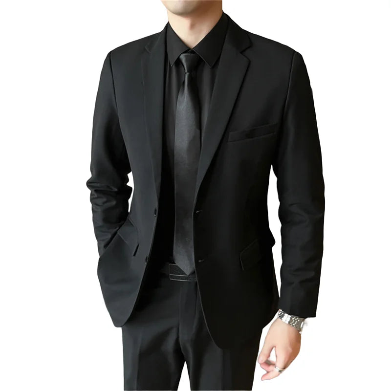 Men's Solid Black Straight-Fit Formal Suit – Business & Wedding Blazer and Pants Set