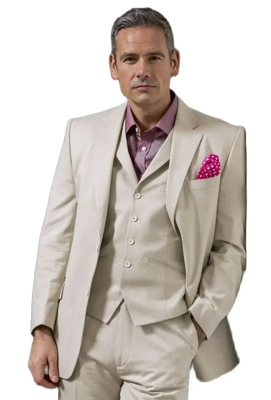 Fashion Beige Skinny 3 Piece Men Suit Groom Tuxedo For Wedding Formal Prom Party Jacket Casual Skinny Blaze (Jacket+Pants+Vest)