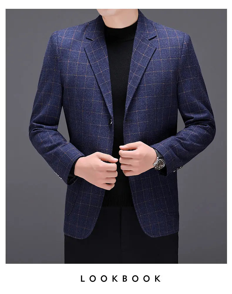 Men's Checked Blazer Single Breasted Casual Business Suit Jacket