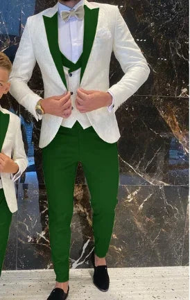 Groom White Floral Men Suits Tuxedo Slim Fit Wedding Suits Groom Full Wedding Gentleman Costume 3 Pieces (Jacket+Vest+Pants)