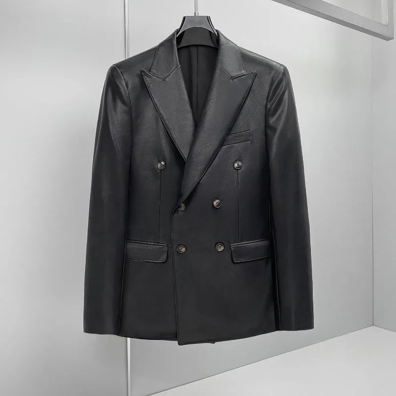 Brand Spring  Autumn Men's Double Breasted Leather Suit Jacket Casual Business Leather Blazers Wedding Groom Social Banquet Coat