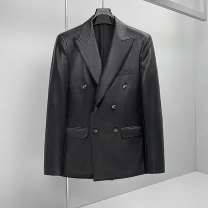 Brand Spring  Autumn Men's Double Breasted Leather Suit Jacket Casual Business Leather Blazers Wedding Groom Social Banquet Coat