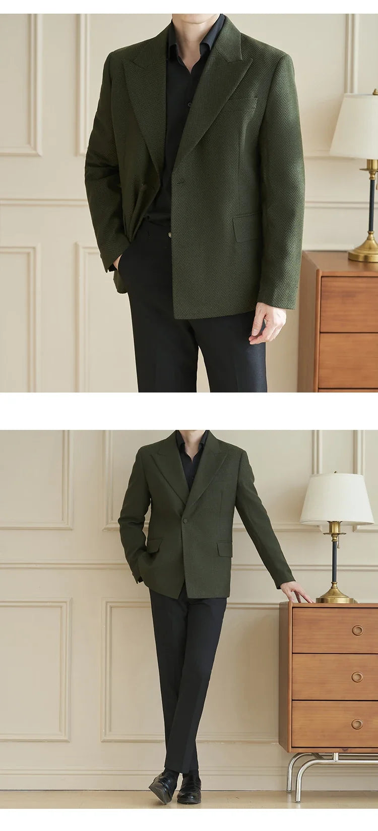 Herringbone Pattern Fabric Suit Jacket Men Autumn Winter Casual Business Dress Coat Wedding Groom Banquet Party Blazer Masculino