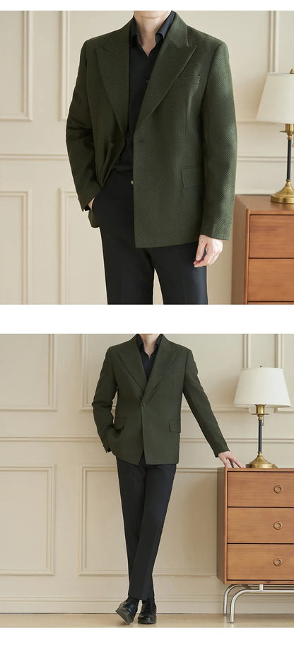 Herringbone Pattern Fabric Suit Jacket Men Autumn Winter Casual Business Dress Coat Wedding Groom Banquet Party Blazer Masculino