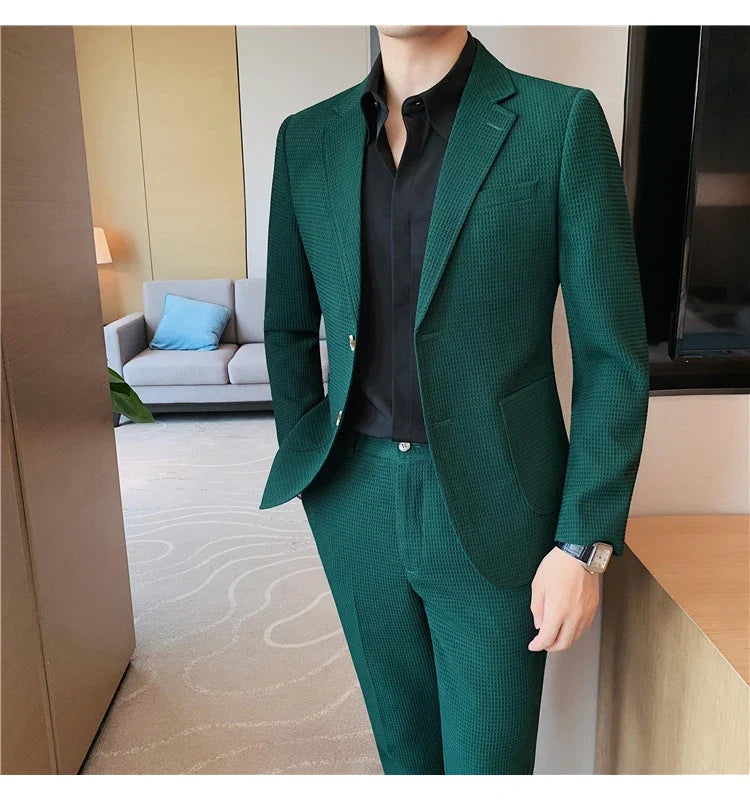 2025 New Waffle Blazers +Pant 2 Piece Set Men Fashion Business Slim Fit Solid Tuxedo Groom Wedding Prom Wear Casual Men's Sets