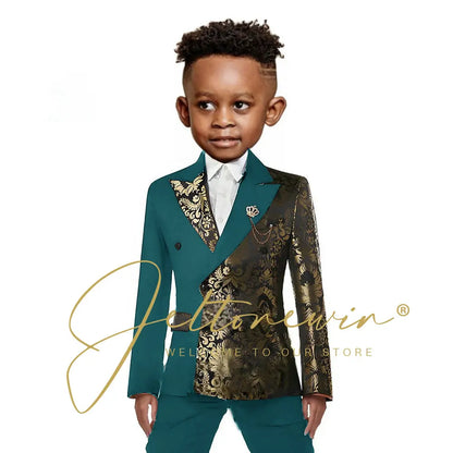 Black And Gold Floral Wedding Boys Suit Double Breasted Formal Kids Blazer Set Party Dress Child Tuxedo Jacket Pants 2 Piece Set
