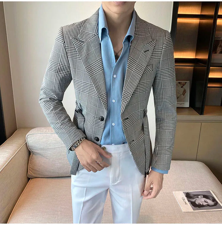 2025 Autumn Winter Classic Checkered Suit Jacket for Men Belt Decoration Slim Fit Casual Business Blazers Social Party Jacket