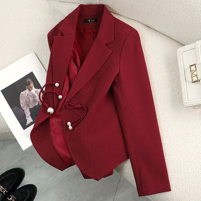 Elegant National Style Buckle Pants Suit  2024 Autumn New Professional Temperament Slim Blazer And Pants Office Ladies Work Wear