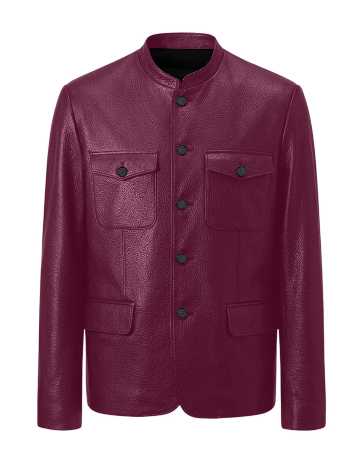 Men Premium Leather-Like Stand Collar Jacket Single Breasted Casual Multi-Pocket Slim Fit Business Outerwear