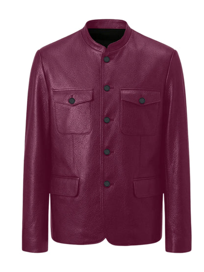 Men Premium Leather-Like Stand Collar Jacket Single Breasted Casual Multi-Pocket Slim Fit Business Outerwear