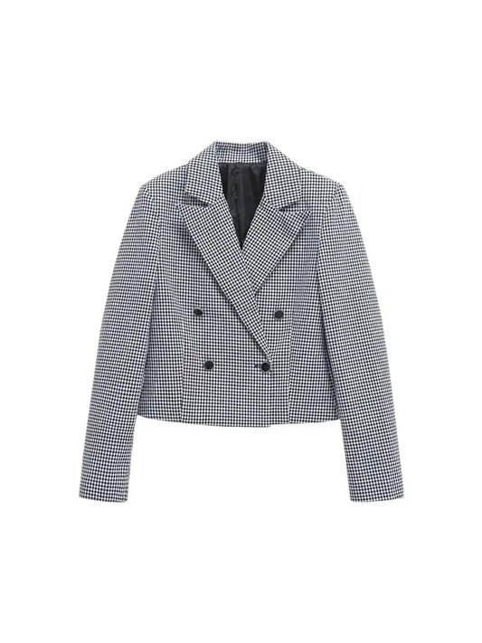 Double-breasted Houndstooth Blazer Coat for Women Long Sleeve Lapel Collar Chic Outerwear Fashion Tops